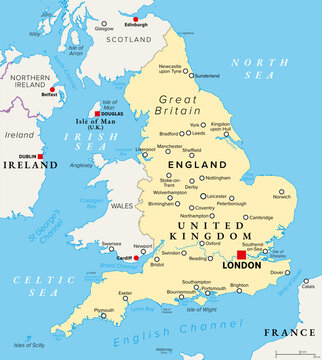 England, United Kingdom, political map with capital London. Country on island of Great Britain bordering Scotland and Wales, surrounded by the English Channel, and Celtic, Irish, and North Sea. Vector