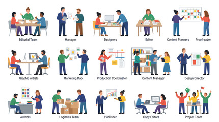 Fototapeta premium Diverse teams collaborating in office settings, flat design illustration