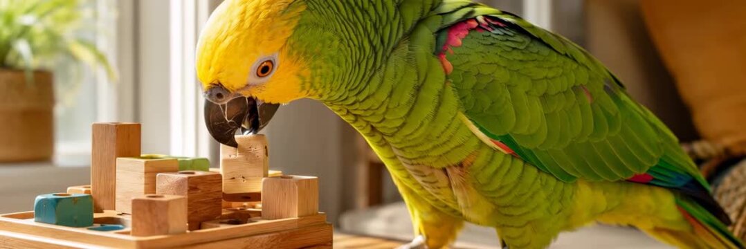 Green parrot solving a wooden puzzle toy for mental enrichment at home, animated pet care website banner