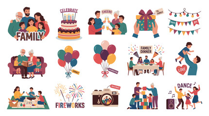 Fototapeta premium Flat Vector Illustration Set of Family Celebrations, Lifestyle, and Events. People Enjoying Parties, Gifts, Dinners, and Dance.