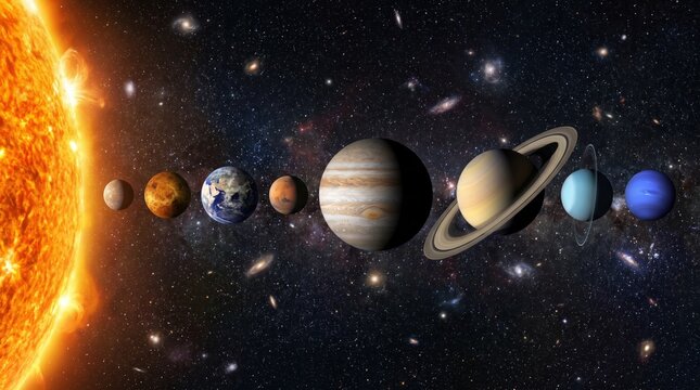 Alignment of all the planets in the solar system orbiting the bright sun in deep space.