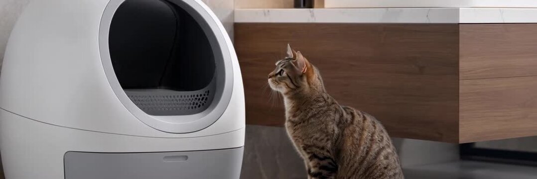 Tabby cat standing beside a modern automatic self-cleaning litter box, animated pet technology website banner