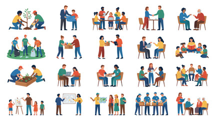Fototapeta premium Diverse People Volunteering, Learning Working Together Flat Vector Illustration