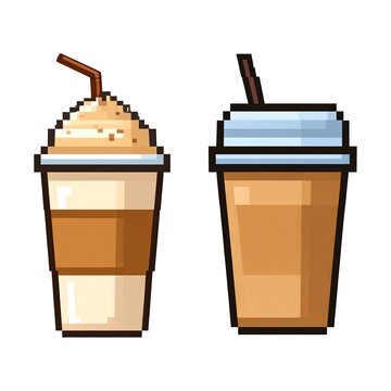 Pixelated illustration depicting two takeaway beverages with straws