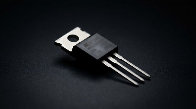 Electronic power transistor component on a black background.
