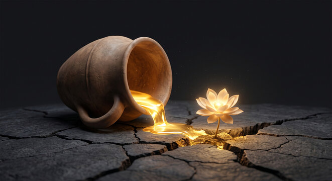 &nbsp;A conceptual, minimalist 3D render of a single, antique clay cup lying on its side on a dark, cracked stone surface. From the cup, a glowing, golden liquid is spilling out and soaking into the earth,