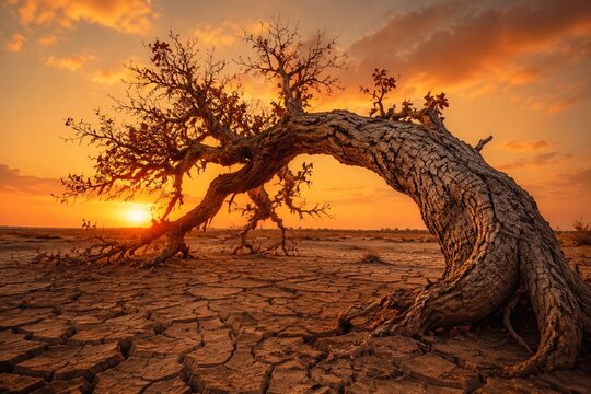 An old gnarled tree with cracked bark bending over parched earth.