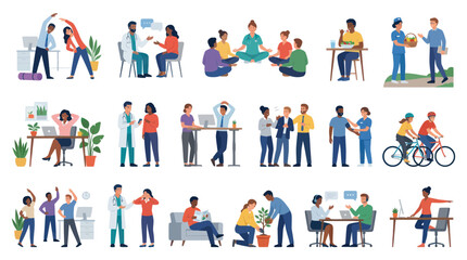 Fototapeta premium Diverse Healthy Lifestyle and Wellness People Activities Flat Vector Illustration
