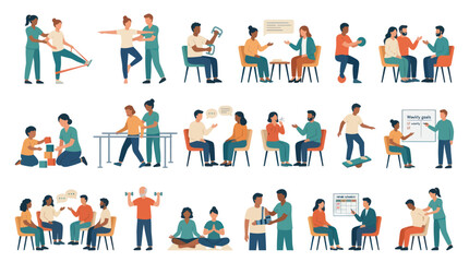Fototapeta premium Flat Vector Icons: Physical Therapy, Rehabilitation, and Health Coaching
