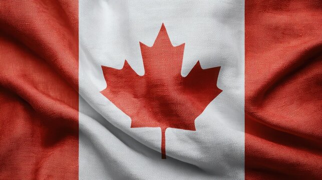 Canadian flag displays a prominent red maple leaf centered on a white background with red vertical side stripes and soft fabric folds.