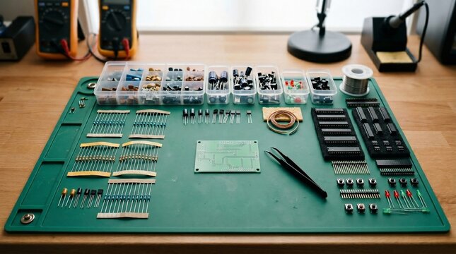 Electronics workbench with organized components and tools for hobbyist project assembly.