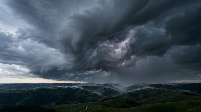 Storm clouds over rolling hills. Dark dramatic sky with heavy rain.