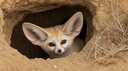 Fototapeta premium A fennec fox peeks out from its sandy den, showcasing its large ears and curious eyes in a desert environment.