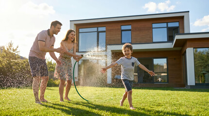 Fototapeta premium Happy parents spraying water from a garden hose while their young son runs on the lawn in the backyard of a modern house.
