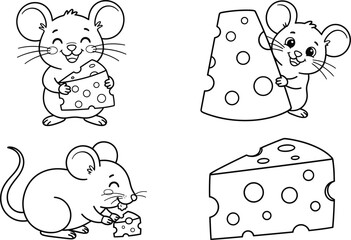 Cute Cartoon Mouse Eating Swiss Cheese Slice Icon Set with Line Art Graphics