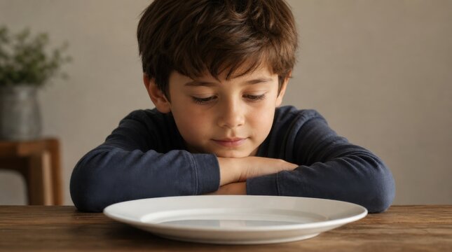 A young boy patiently waits, resting his chin on his arms, staring at an empty white plate on a wooden table indoors.