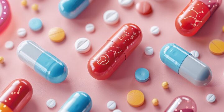 Colorful capsules and tablets scattered on a pink surface, with some capsules showing constellation patterns.