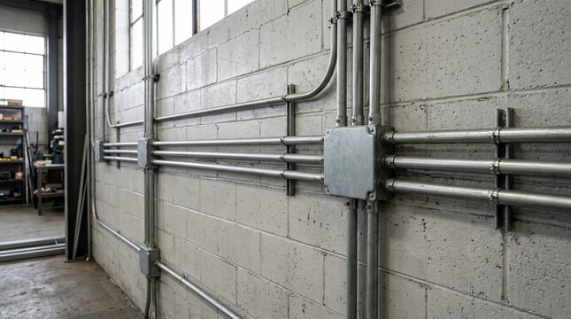 Exposed electrical metal conduit piping installation on cinder block wall in industrial warehouse.