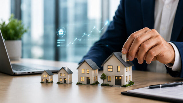 Real Estate Investment Growth with Miniature Houses and Chart