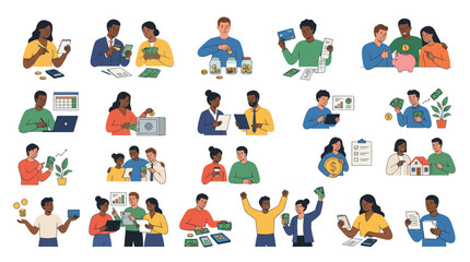 Fototapeta premium Flat Style Finance Illustrations of People Managing Money, Budgeting, Saving, and Investing