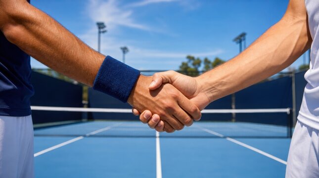 Two tennis players shake hands over the net on a clear day, symbolizing sportsmanship and respect after a match.
