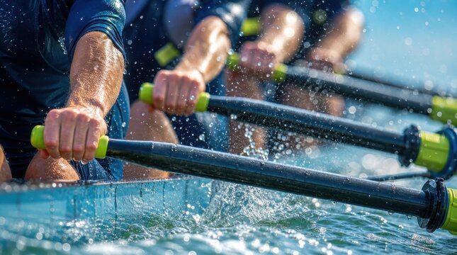 Rowers vigorously paddle through water, creating splashes as they synchronize their strokes in a competitive rowing race.
