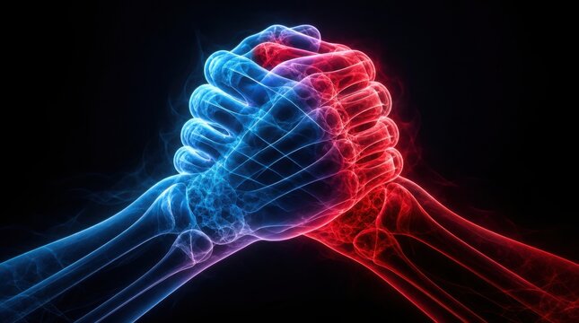 Two wireframe hands grip in a handshake, depicted with blue and red neon light effects on a black background.