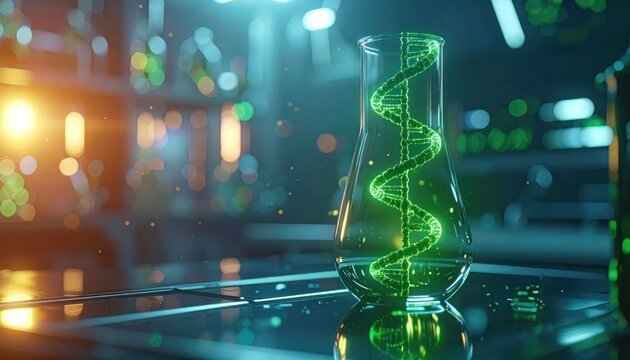 Glowing green DNA double helix model.