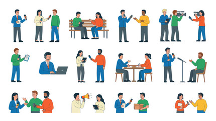 Fototapeta premium Journalism and Media Professionals Flat Vector Illustration Set with Reporters, Interviewers, Anchors, and News Coverage Scenes