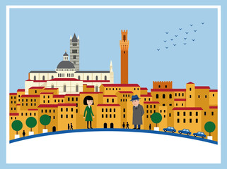Obraz premium Minimalist flat illustration of Siena, Italy skyline with landmarks and stylized figures