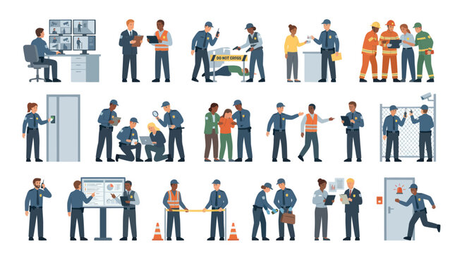 Law Enforcement and Security Professionals Flat Vector Illustration Set: Police, Detectives, Guards, Firefighters