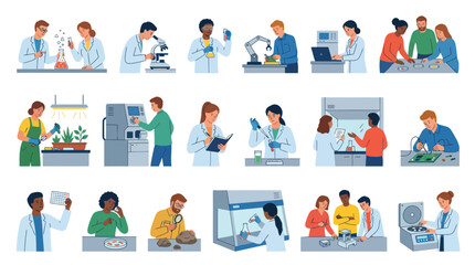 Fototapeta premium Science Laboratory Research Flat Illustration: Scientists working with microscopes, chemistry experiments
