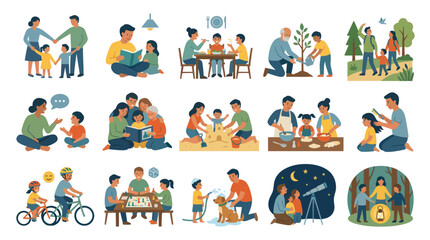 Fototapeta premium Flat Vector Illustrations: Happy Family Life, Parenting, and Childhood Development Activities Collection