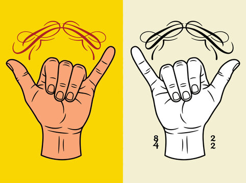 Shaka Sign Hand Gesture Illustration Set in Color and Line Art