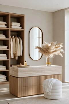 Quiet luxury walk-in wardrobe featuring warm greige tones, organized shelves with folded linens, a round mirror, and a decorative vase with dried pampas grass