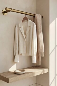 Closeup of a brushed bronze hanging rail displaying a cream linen shirt and a beige scarf, with a wooden shelf and minimalistic wall background in a modern interior setting