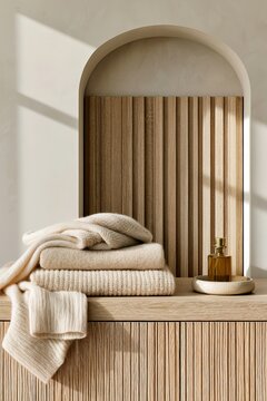 Closeup of folded cream cashmere sweaters and a glass bottle on a wooden surface with a textured backdrop and soft natural lighting