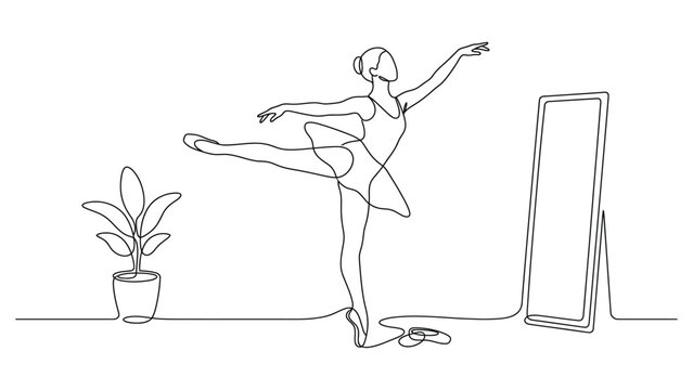 Continuous single line drawing of a ballerina practicing dance moves in front of a mirror