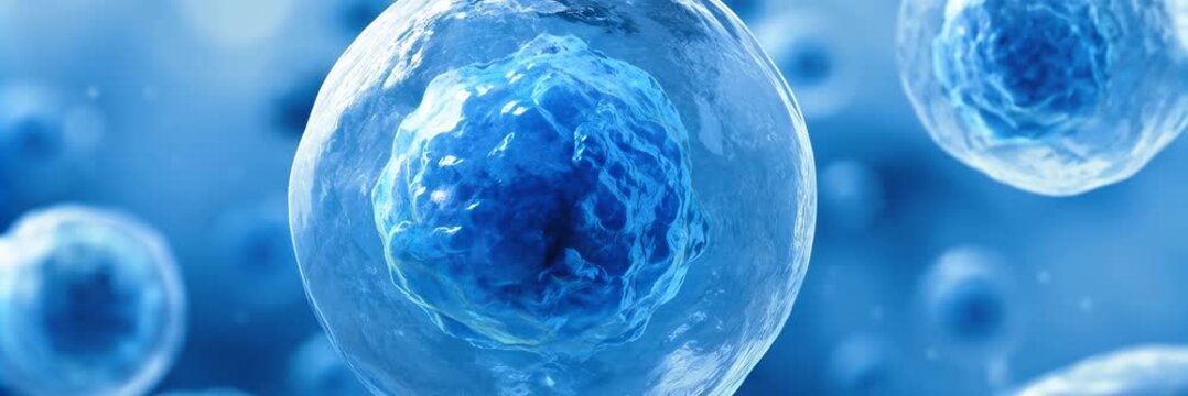 Floating blue biological cells with visible nuclei in fluid, animated science website banner with copy space