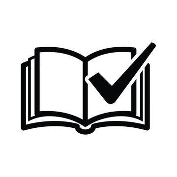 Open book icon with a black check mark symbol for education and reading