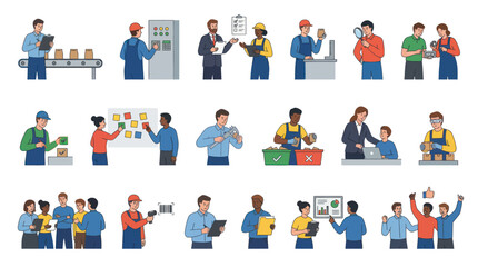 Fototapeta premium Flat Vector Illustrations of People Working in Business, Manufacturing, Logistics, and Industrial Workplace Processes.