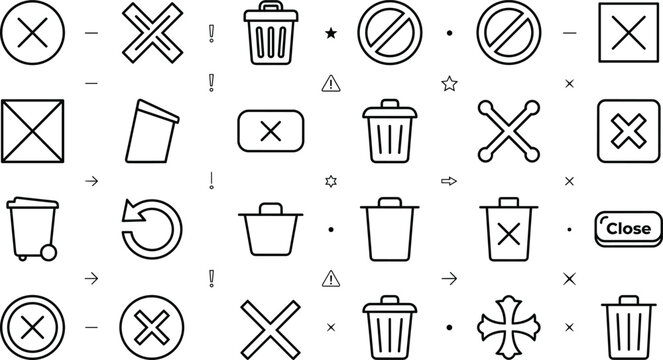 Delete Trash Bin Prohibited Cancel And Close Cross Mark UI Line Art Icon Set