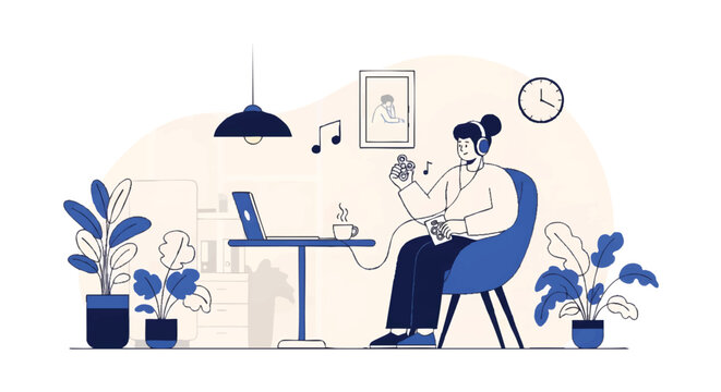 Woman in Home Office with Fidget Spinner and Headphones Vector Illustration