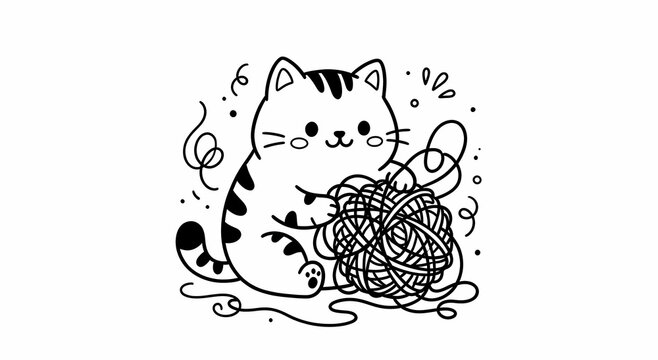 Cute kawaii cat playing with a ball of yarn doodle illustration