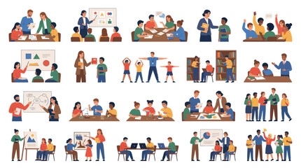Fototapeta premium Education and Learning Flat Vector Illustrations: Diverse Students and Teachers in Classroom Settings.