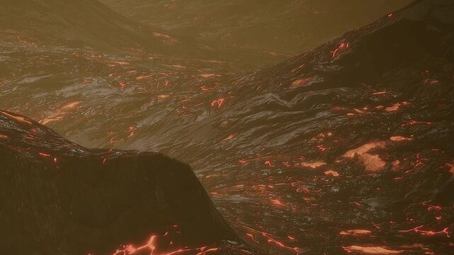 Hot lava flows over rugged terrain in an active volcanic area. The surface shows cracks and molten rock lighting up the landscape. This scene is filled with intense heat and movement.