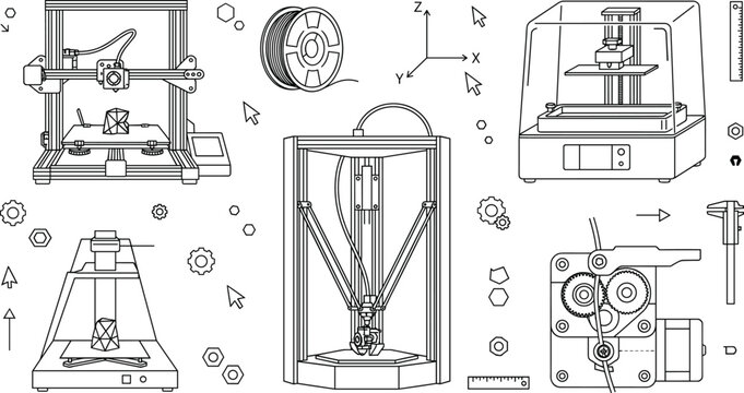 Digital 3D Printer Machine Filament Spool and Rapid Prototyping Engineering Vector Icon Set