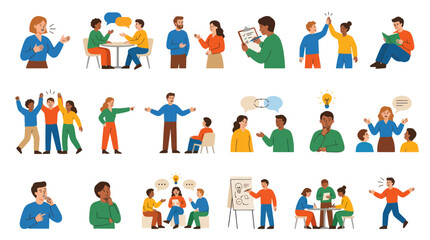 Fototapeta premium Business Communication Flat Illustration Set with People Discussing, Collaborating, and Learning Concepts