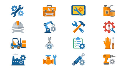Fototapeta premium Colorful flat icons of industrial tools and machinery.