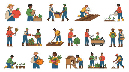 Fototapeta premium Diverse farmers tending crops and animals, flat vector illustration
